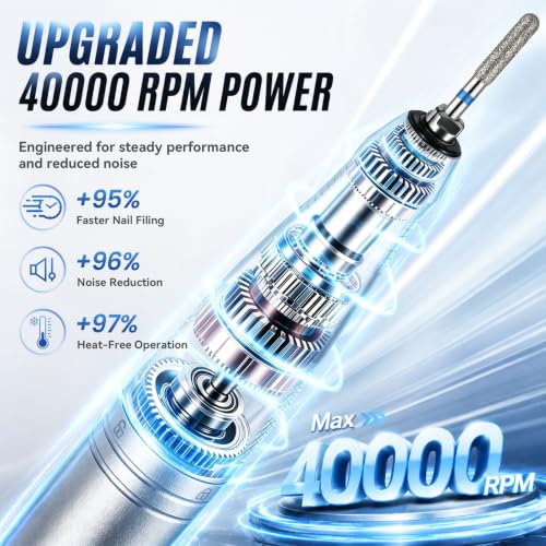 Professional Nail Drill, 40000RPM Brushless Cordless Electric Nail File