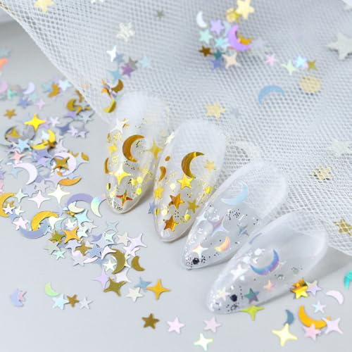 Gold Silver Nail Art Glitter Sequins Star Moon Holographic Nail Flakes - color: Style04