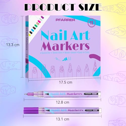 PFARRER 15 Colors Nail Art Pens Set, 0.5mm Fine Tip, Quick Dry - size: 15-piece set
