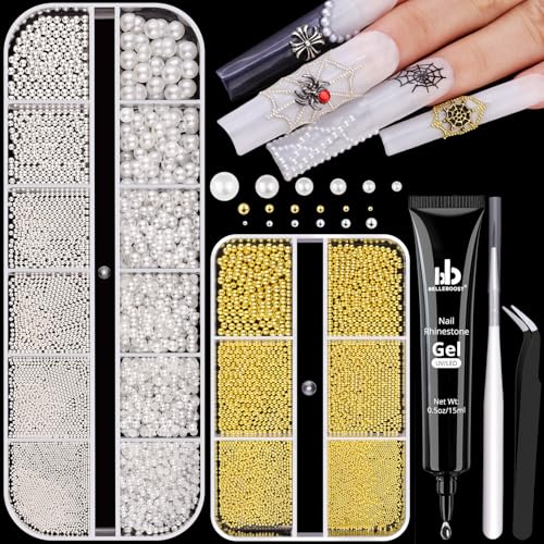 Nail Beads and Flatback White Pearls for Nails Nail Pearls with Glue - color: 13 2 Boxes Nail Art Decos Set 34+Glue