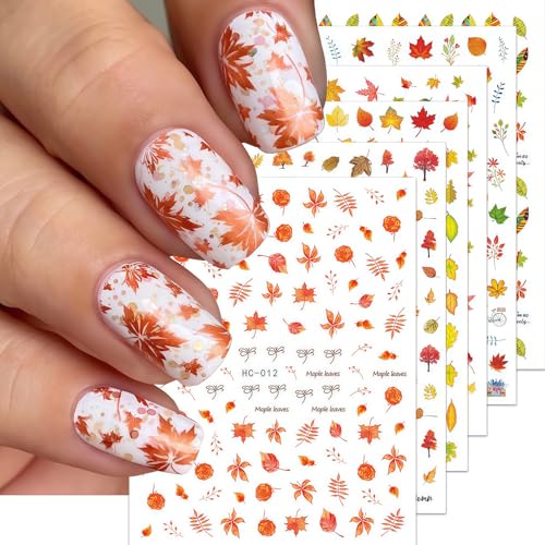 6 Sheets Thanksgiving Day Nail Art Stickers Fall Maple Leaf Nail Decals 3D Self-Adhesive Autumn Maple Leaves Nail Stickers Holiday Nails Sticker for DIY Nails Decoration Accessories - style: Maple Leaf