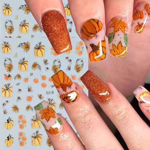6 Sheets Fall Nail Stickers Thanksgiving Nail Decals 3D Self-Adhesive Glitter Autumn Maple Leaves Pumpkin Design Stickers Fall Maple Leaf Nail Art Sticker for Women Holiday DIY Manicure Decoration - style: Thanksgiving