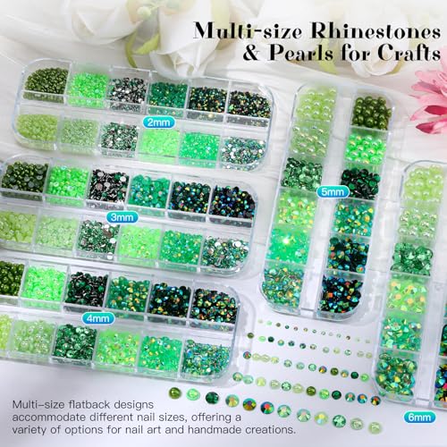 6 Boxes Flatback Gems and Rhinestones for Crafting Kit, 2/3/4/5/6mm Green Jelly Clear AB Rhinestones Resin Half Pearls Nail Charms, Irregular Crystal Caviar Beads with Tweezers for Nails DIY Tumblers - color: Green - 2-6mm