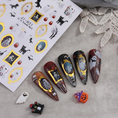 Halloween Nail Art Stickers Cute Ghost Black Cat Gold Nail Decals, 6 Sheets - color: Multicolor-05