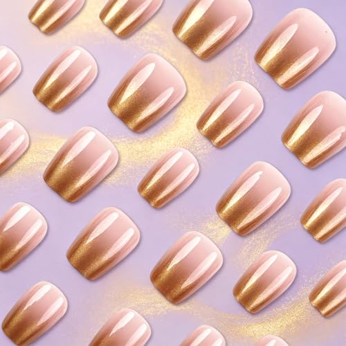 Press on Nails Gold Chrome French Tips Ombre Short Square Fake Nail - color: Gold French