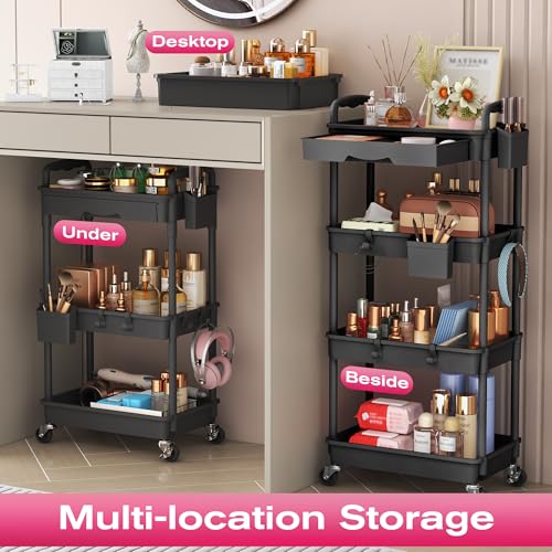 Goovilla Rolling Makeup Organizer Cart with Removable Drawer, 3 Tier Black - color: Black, size: 3 Tier