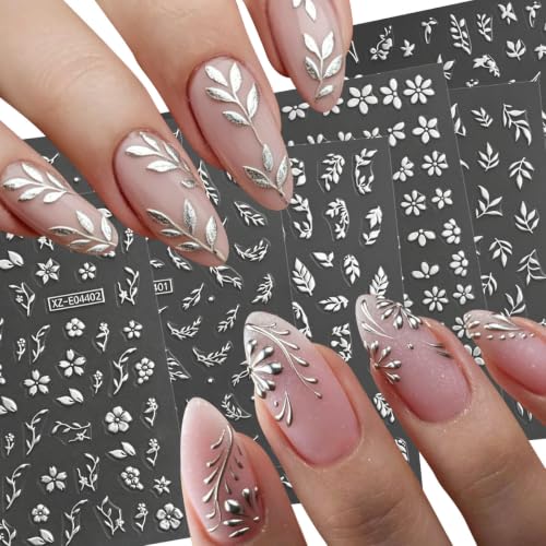 12 Sheets Gold & Silver Nail Stickers, Flower & Leaves 3D Nail Decals - color: Style-28
