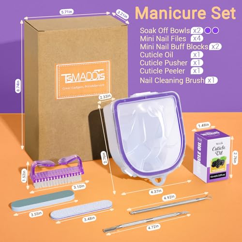 TsMADDTs 12 pcs Nail Soaking Bowl Acetone Gel Polish Remover Kit with 2 pcs Soak Off Bowls for Hands, Cuticle Remover Tools, Cuticle Oil, Files, Buffers, Brush for Nail Care - color: Purple