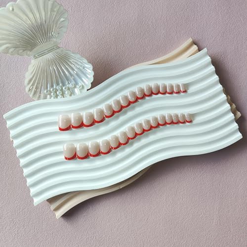 30Pcs Red French Tip Press on Nails Short Square Nails Press ons, Short Fake Nails Coffin Acrylic French Glue on Nail False Nail for Women Natural15 Sizes - color: square red