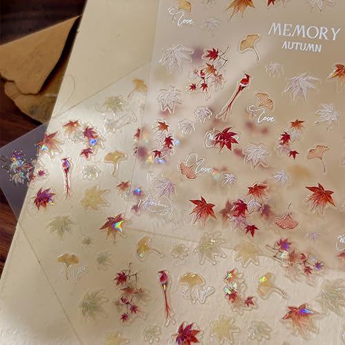 2Sheets Autumn Maple Leaf Nail Art Stickers 5D Embossed Fall Leaf Nail Decals Shiny Maple Leaves Nail Sticker for Thanksgiving Day Nail Art Maple Leaf Manicure Acrylic Nails Accessories for Women DIY - style: maple leaf