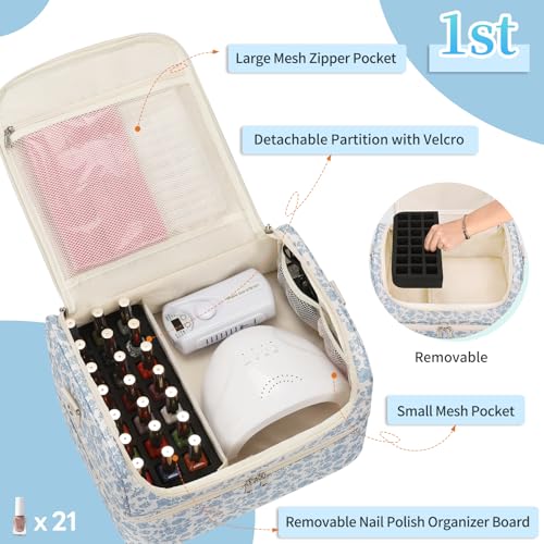 Nail Polish Organizer, Nail Supplies Storage Case Holds 69 Bottles Nail Polish & Nail Lamp, Travel Nail Tech Carrying Bag, Nail Kit Bag for Nail Stuff & Manicure Tools (Floral Blue, 69 Slots) - color: Blue Floral, size: 69 Slots