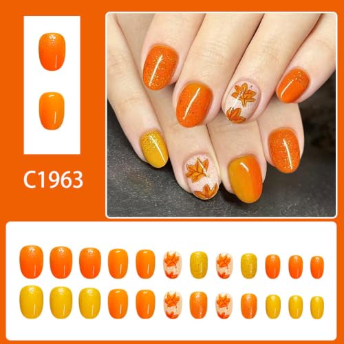 Fall Press on Nails Short Oval, Maple Leaves, Yellow, Orange - color: Style-22