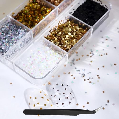 1 Box 6 Color Holographic Tiny Star Nail Glitter Laser Gold Nail Sequins 3D Laser Silver Nail Flakes Sparkly Glitter Flakes Shiny Nail Glitter Champagne Nail Sequins Glitter for Nails Art 6 Grids - color: YHN02