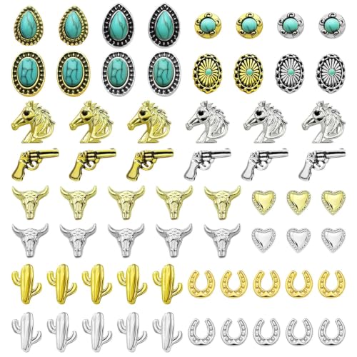 61 Pcs Western Turquoise Nail Charms 3D Metal Cowboy Cowgirl Nail Gems Charms Turquoise Bull Head Horseshoe Western Charm Stickers for DIY Nails Art Phone Case Crafts Rodeo Concert Outfits S - color: Gold and Silver 64pcs
