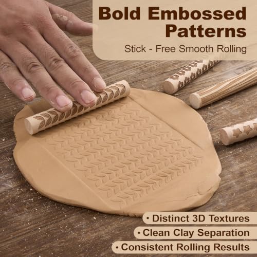 Amrules 10 Pcs Wooden Texture Rollers for Polymer Clay Pottery,Light Yellow - color: Lightyellow-Roller-10Pcs