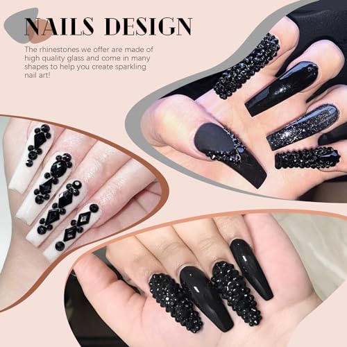 2750Pcs Black Glass Nail Rhinestones 240Pcs Multi Shapes Flatback Nail Gems + 2510Pcs 1.5-4mm Round Crystal, Manicure Nail Charms Diamond Gemstones for Acrylic Nails Decoration - color: 26 Black Crystal, size: 3 pack