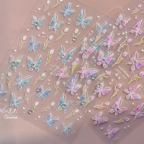 5D Embossed Blue Butterfly Nail Art Stickers with Silver Glitter Rhinestones Nail Decals Design Laser Flower Nail Stickers Spring Summer Nail Design Supply Cute Nail Art Supplies for Women Manicure - style: 5D Embossed Nail Stickers-8