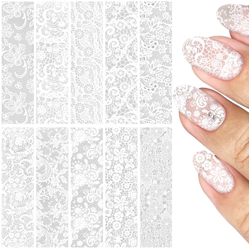 SmallCat 10 Sheets Nail Transfer Foil, Lace Nail Foil, 7.87"×0.9" - color: White (20x2.3cm)