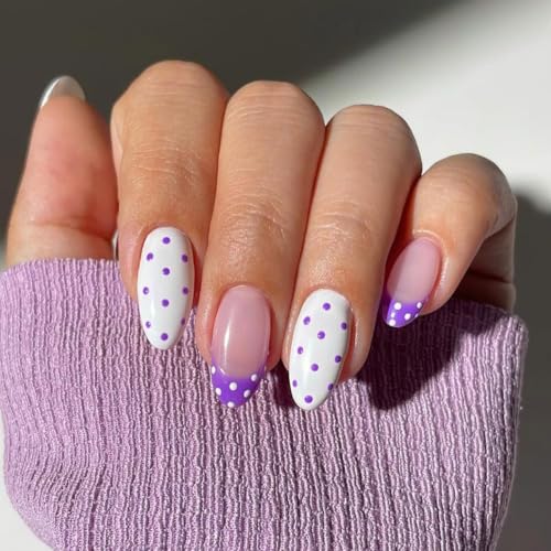 Medium Almond Press On Nails Purple French Tip Fake Nails Polka Dots Nails - color: BD-White Purple-8