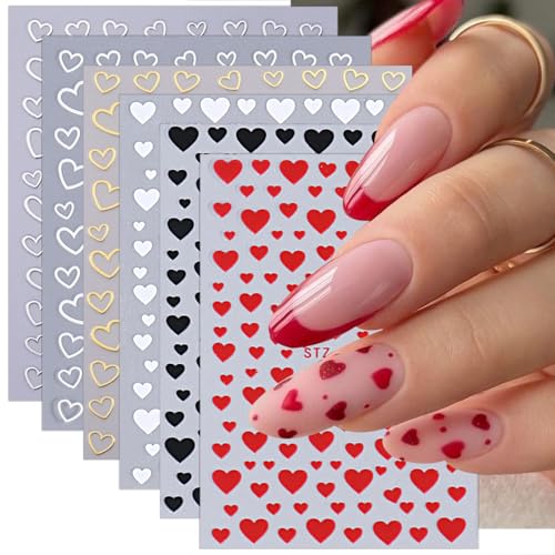 6 Sheets Heart Nail Stickers for Nail Art 3D Self-Adhesive Red Heart Nail Art Stickers White Silver Gold Hollow Hearts Love Designs Valentines Day Nail Decals for Women Acrylic Manicure Decoration - style: Heart Nail Stickers-16