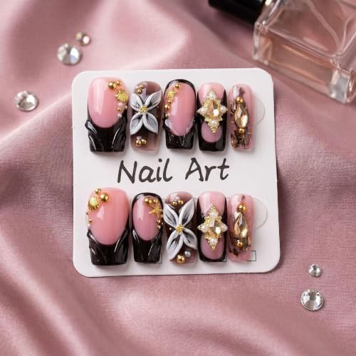 Medium Square Press on Nails, Handmade Black French Tip False Nails with 3D White Flower Rhinestone Design Acrylic Press On Nails Luxury Reusable Stick on Nail for Women 10Pcs (Size M) - color: style9