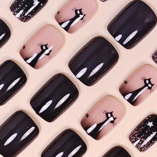 Halloween Press on Nails with Dark Night Moon Stars Design Short Square False Nails Cute Cat Fake Nails Silver Glitter Full Cover Acrylic Stick on for Women Nails Manicure Decoration 24Pcs - color: Halloween Style 016