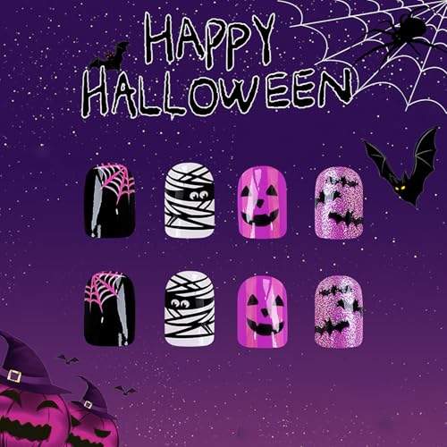 Halloween Press on Nails Short Square Fake Nails with Bat & Spider Web Designs Purple Gradient False Nail Sliver Glitter Stick on Nail Glue on Nails Bling Artificial Acrylic Nail for Women 24Pcs - color: Halloween style 02