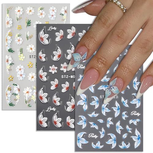 Flower Nail Stickers 5D Emboss Self-Adhesive Stickers White Floral Nail Art Decals with Daisy Lily Design Spring Summer Decals for Women 3 Pcs - color: Daisy and Lily