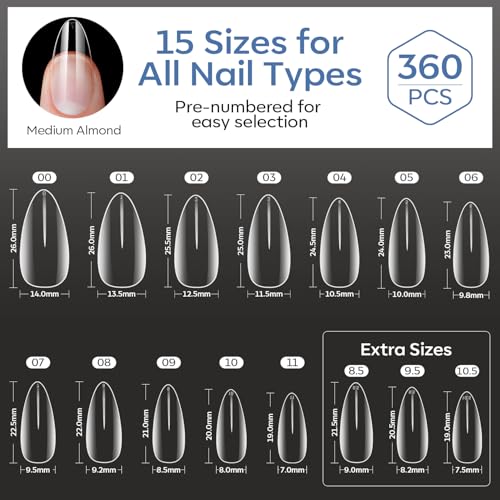 Modelones Medium Almond Nail Tips 360pcs Pre-shaped Full Cover False Nails - color: A4-Medium Almond-Clear