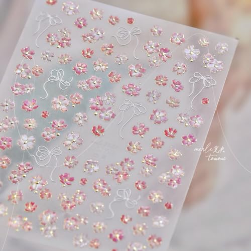 5D Embossed Pink Small Flowers Nail Stickers for Nail Art Self-Adhesive White Bow Nail Decals Spring Flowers Nail Design Stickers with Gold Stamen Nails Supplies Cute Nail Art Decals for Women DIY - style: 5D Embossed Nail Stickers-6