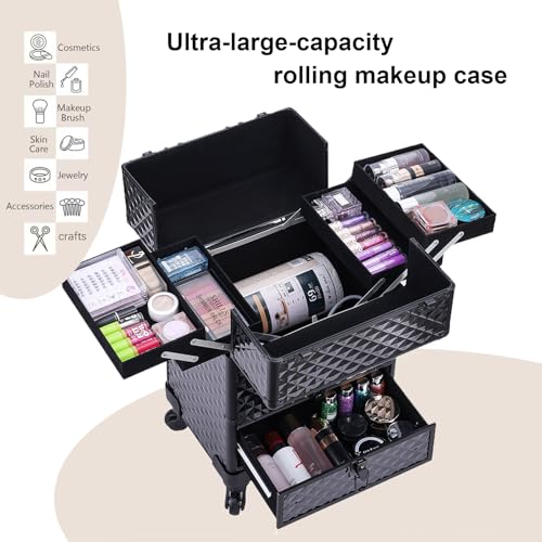 TOPACK 3-In-1 360°Rotaing Rolling Makeup Train Case with Trolley/drawer - color: all black, size: medium