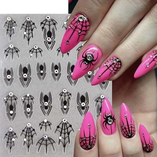 8 Sheets Spider Nail Art Stickers Halloween Ghost Nail Decals 3D Self-Adhesive Black White Heart Spider Web and Rhinestones Spiders Nail Design Acrylic Nails Decoration for Women Holiday Nail Charm - style: diamond ghost
