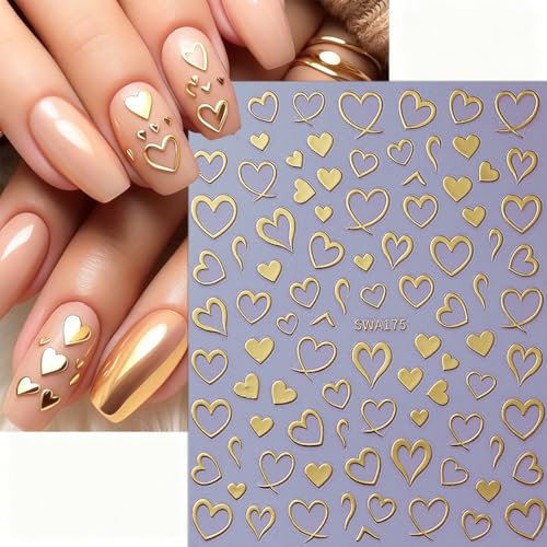 6 Sheets Heart Nail Stickers for Nail Art 3D Self-Adhesive Valentines Nail Art Stickers with Red Silver Gold Hollow Hearts Design Cute Love Heart Nail Decals DIY Manicure Decoration Kit for Women - style: Heart Nail Stickers-11