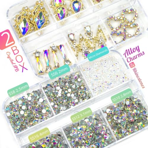 qiipii 24pcs Crystal AB Luxury Nail Charms +2000pcs Crystal White AB Rhinestones 3D Big Nail Gems K9 Glass Nail Crystals Diamonds Jewels Stones Alloy Nail Art Studs Decor Supplies for Nails Crafts DIY - color: Luxury Charms - Crystal AB, size: 2 Box