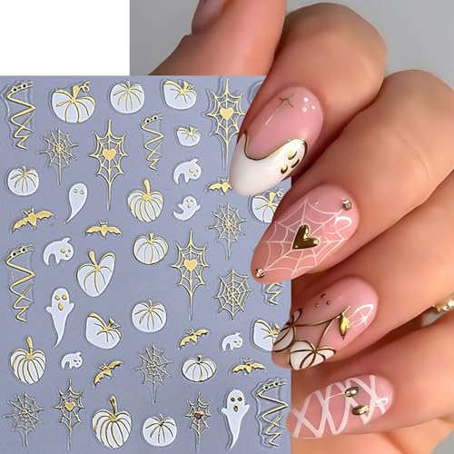 8 Sheets Halloween Nail Stickers Nail Decals 3D Self-Adhesive Glitter Pumpkin Ghost Nail Supplies Gold Heart Spider Web Bat Black Leaf Nails Design Nail Decor for Halloween Party DIY Manicure Supplies - style: pumpkin