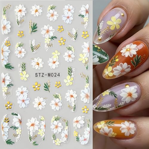 Flower Nail Stickers 5D Emboss Self-Adhesive Stickers White Floral Nail Art Decals with Daisy Lily Design Spring Summer Decals for Women 3 Pcs - color: Daisy and Lily