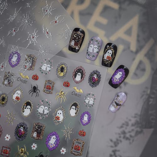 1 Sheet Halloween Nail Stickers 5D Self-Adhesive Embossed Ghost Nail Decals Vintage Ornate Frame Gilded Ghost Nail Designs Halloween Spider Floral Nail Supplies for Women DIY Manicure Decoration - color: Mirror Ghost