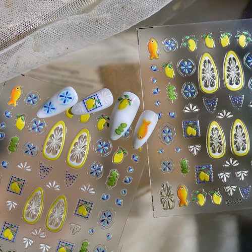 1 Sheet Bohemian Nail Stickers 5D Embossed Lemon Nail Decals Summer Fruit Nail Design Small Fish Nail Art Stickers Beach Nail Accessories Boho Style Blue Floral Nail Supply for Women Manicure DIY - color: Bohemian