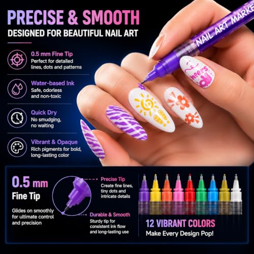 12‑Color 3D Nail Art Pen Set, Double‑Ended Nail Art Dotting Pens, Art‑Grade Graffiti, Waterproof and Layerable, Perfect for DIY Nail Art, a Great Christmas Gift for Nail Art - color: 12P