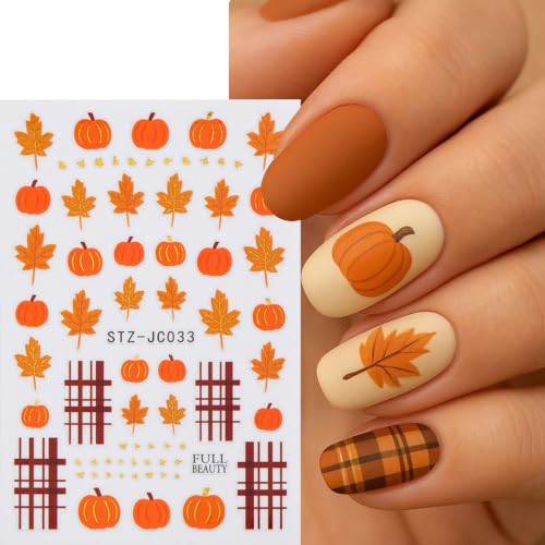 6 Sheets Fall Nail Stickers 3D Self-Adhesive Thanksgiving Nail Decals Autumn Maple Leaf Nail Art Stickers Pumpkin Fruit Fallen Leaves Sunflower Nail Design for Women Holiday DIY Manicure Accessories - color: Fall