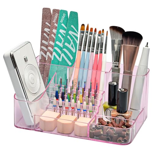 CGBE Nail Drill Holder, 28 Holes Transparent Nail Desk Organizer - Pink - color: Pink