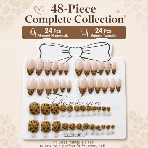 48pcs Leopard Print Press on Nails and Toenails Set, Almond Nude French Tip Fake Nails with Cheetah Designs, Full Cover Short Square False Toe Nails Bundle, 2-in-1 DIY Manicure Kit for Women - color: leopard French