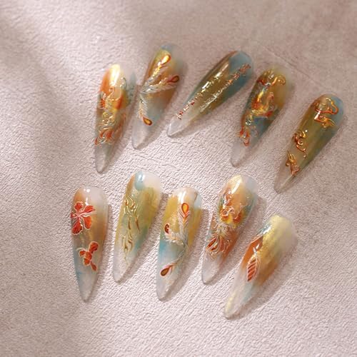 5D Embossed Nail Stickers Gold Phoenix Feather Flame Self Adhesive - color: Gold Phoenix
