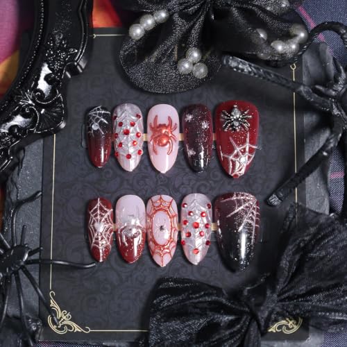 Halloween Spider Press On Nails Medium Almond Fake Nails 3D Chrome Silver Spider Web Design Gothic False Nail Red Black Gradient Full Cover Glue On Nails Spooky Halloween Manicure Kit for Women 30Pcs - color: special Halloween-2