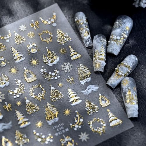 5D Embossed Christmas Nail Art Stickers Self-Adhesive Gold Wreath Xmas Tree Elk Snowflakes Nail Decals for Women Girls Winter Xmas Holiday Manicure DIY Nail Supplies - color: Style-1