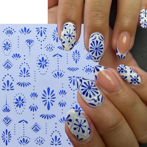 6 Sheets Bohemian Nail Stickers for Nail Art 3D Self-Adhesive Flower Nail Art Stickers Gold Silver Floral Nail Decals Bohemian Style Retro Blue Manicure Art Decoration Charms for Women Nails Supplies - style: flower