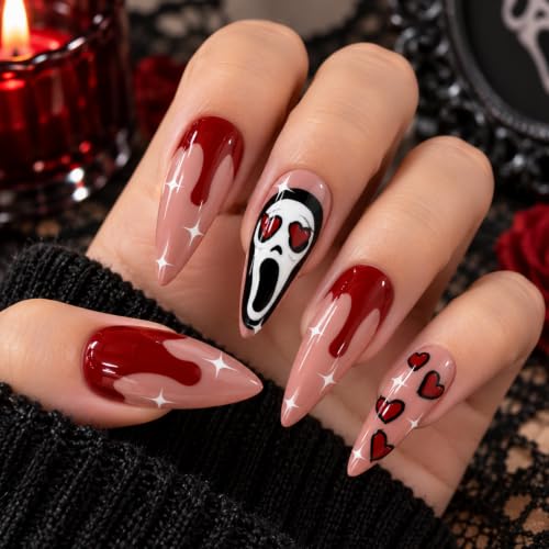Halloween Press on Nails Long Stiletto Ghostface Nails24Pcs - color: halloween-design04
