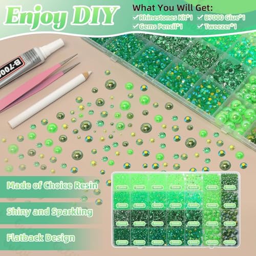 14000Pcs Mixed Green Flatback Rhinestones and Pearls for Bedazzling Kit - color: S7