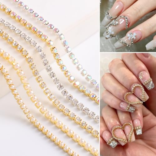 SUTOKAKA 6 Strips Rhinestone Pearl Alloy Nail Chain Charms - color: Gold Silver Rhinestone Pearl Chains