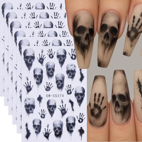 Halloween Bone Nail Art Sticker Skull Handprint Nail Decal 6Pcs/Pack Gothic Dark Horror Nail Art Decals 3D Self-Adhesive Spooky Bones Nail Supplies Accessories for Halloween DIY Manicure Decoration - color: Skull
